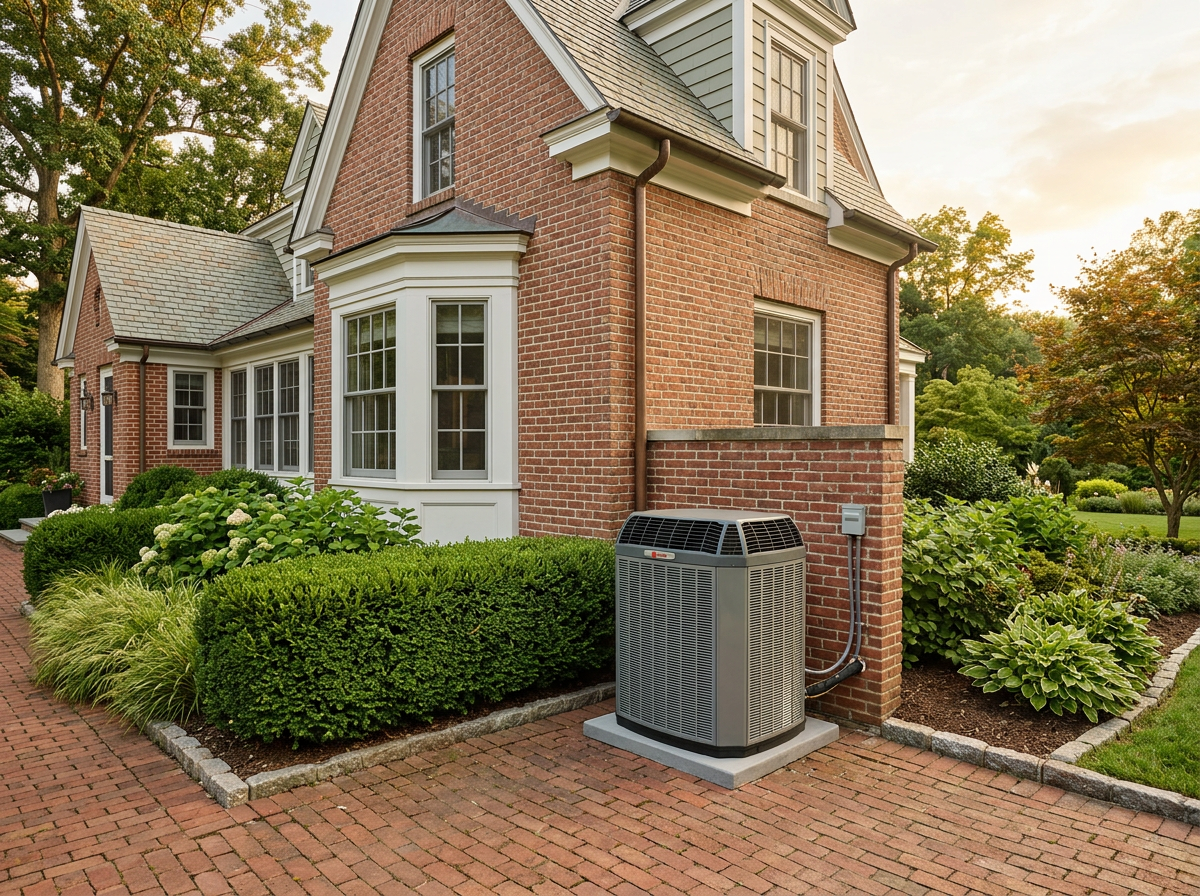Residential air conditioning condenser at a Connecticut home